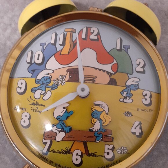 BRADLEY Handbags - 1983 Vintage Bradley Smurf alarm clock see the Seesaw go up & down Worksgreat